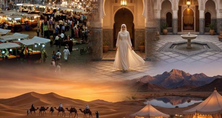 Collage mettant en vedette un souk animé, une femme élégante dans une cour voûtée, une caravane de chameaux au coucher du soleil et un campement désertique près d'un lac aux eaux reflétées.