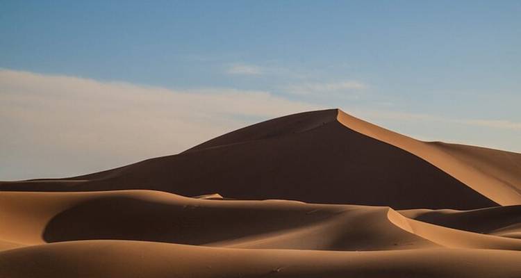 Las suaves dunas de arena dorada del Sahara se elevan bajo un cielo azul cristalino.