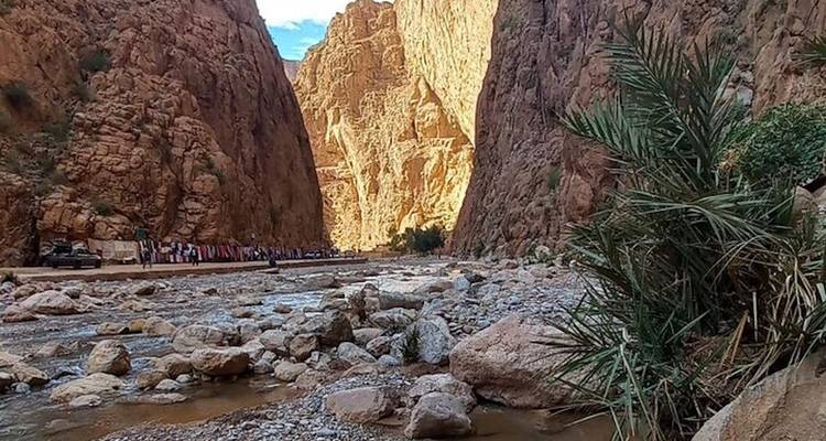 Un lecho rocoso de río serpentea entre enormes paredes de cañón verticales con poca vegetación.