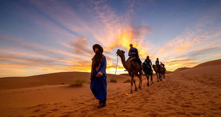 Caravana de camellos silueteada contra un cielo brillante del atardecer cruzando las dunas doradas del Sahara