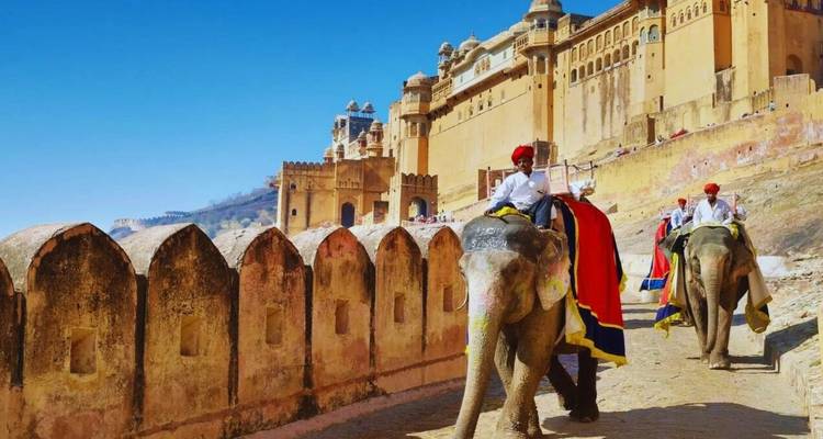 Elephants carrying tourists up the ramparts of Amber Fort under clear skies.