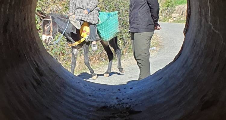 Blick durch ein Betonrohr, das einen Mann rahmt, der einen Esel mit einem reitenden Kind führt.