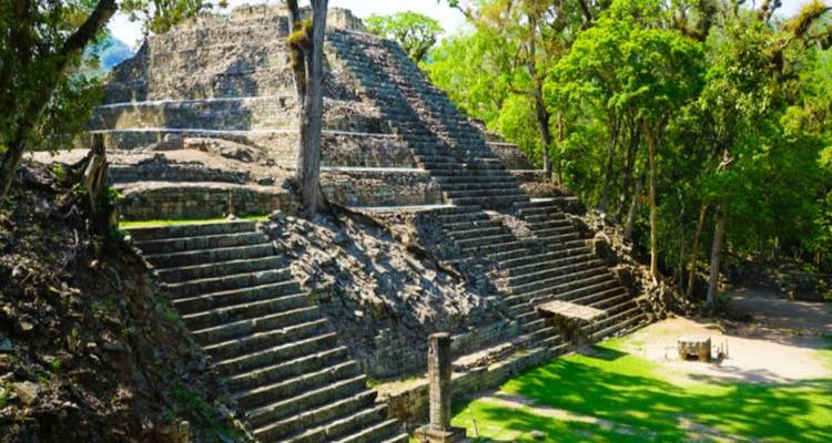 Steinerne Maya-Pyramide mit steilen Treppen, umgeben von dichtem Wald im archäologischen Park Copán.