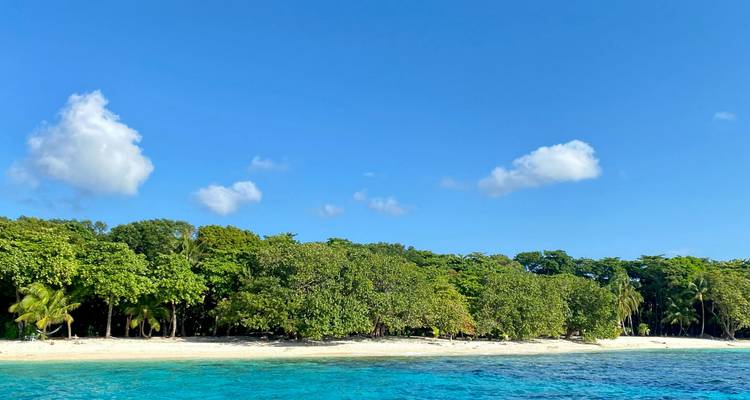 Unberührter Streifen weißer Sandstrand, gesäumt von üppigem tropischen Wald und klarem azurblauem Wasser unter blauem Himmel.