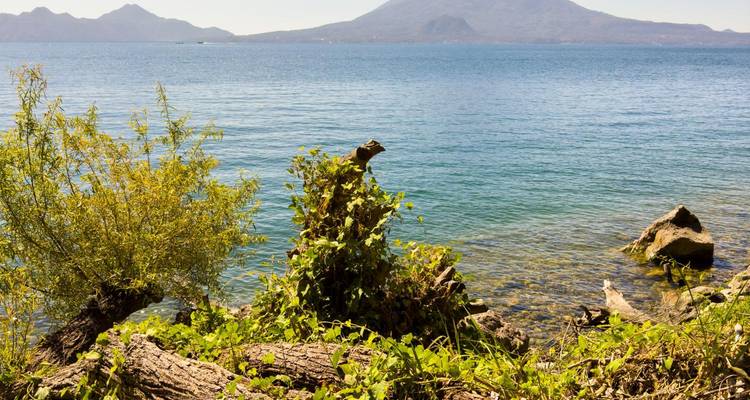 Aguas cristalinas del Lago Atitlán con picos volcánicos en la distancia y exuberante vegetación en la orilla del lago.