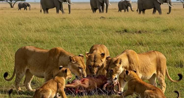 Une fierté de lions se régale d'une proie fraîche tandis que des éléphants errent au loin en arrière-plan.