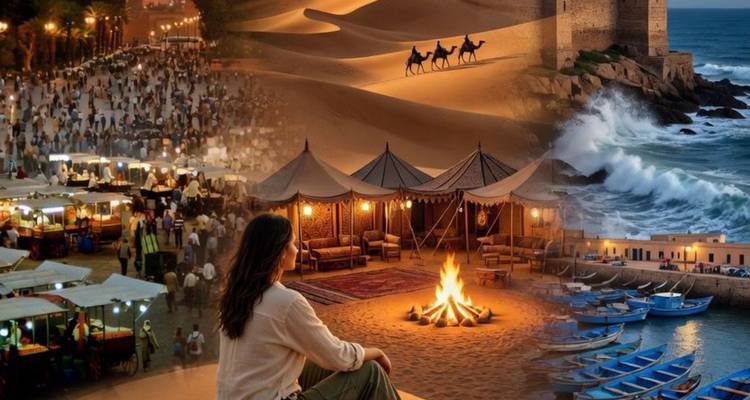 Photo composite fusionnant un marché nocturne bondé, un feu de camp dans le désert, une caravane de chameaux sur les dunes et des bateaux de pêche côtiers.