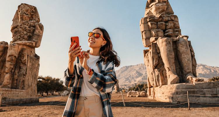 Mujer joven tomándose una selfie con las estatuas de los Colosos de Memnón alzándose detrás de ella bajo un cielo despejado.