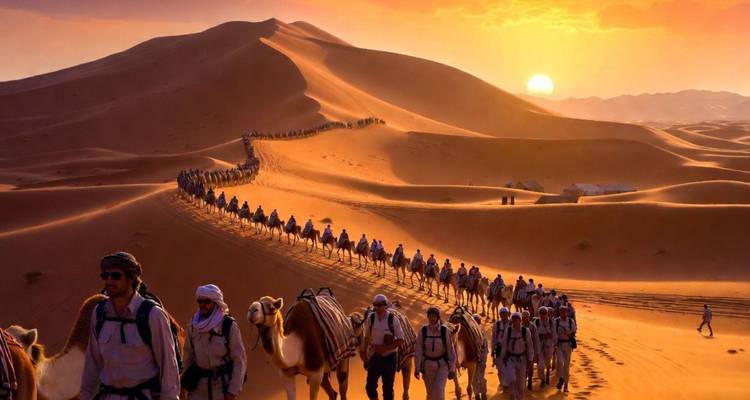 Longue caravane de chameaux serpentant à travers les dunes orange étincelantes au coucher du soleil.