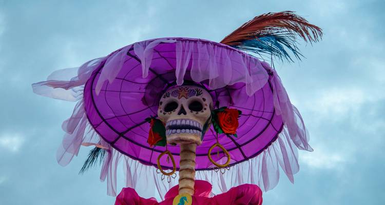 Gedetailleerde opwaartse weergave van een levendige paarse La Catrina skeletfiguur tegen een bewolkte lucht.