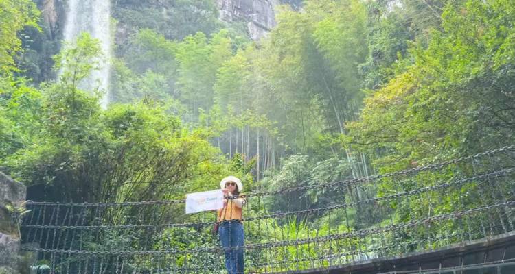 A traveller holds a banner while standing on a chain suspension bridge in a lush bamboo forest beneath a waterfall.