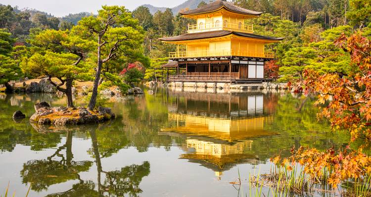 The gleaming Golden Pavilion reflects perfectly in a tranquil pond surrounded by manicured gardens and autumn foliage.