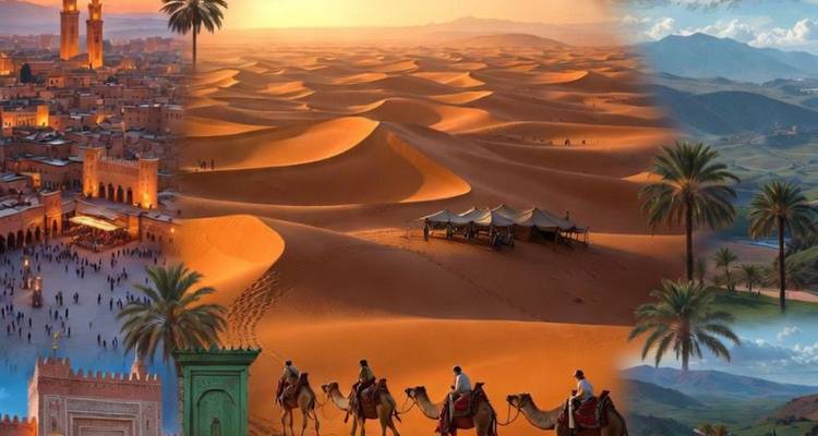 Image composite mélangeant une place de ville marocaine, les dunes du Sahara avec des chameaux et les paysages montagneux.