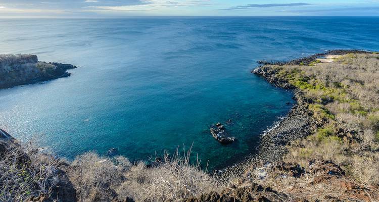 High vantage view over a deep blue bay surrounded by rugged cliffs and sparse vegetation.
