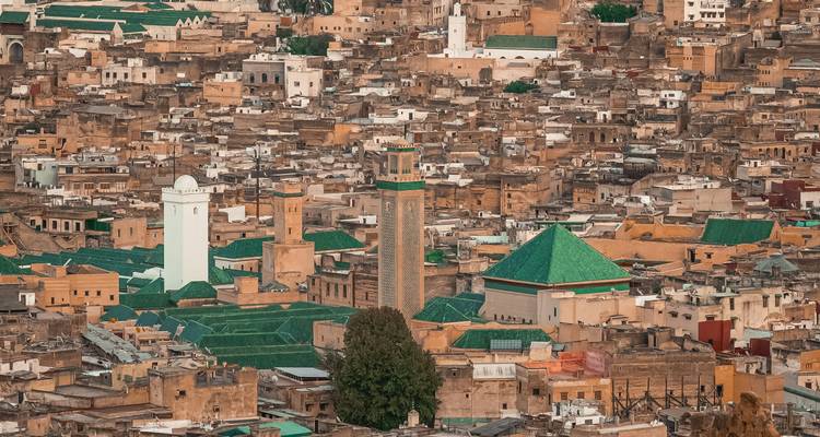 Denso laberinto de tejadillos de la medina de Fes con sus distintivas mezquitas de azulejos verdes y minaretes.