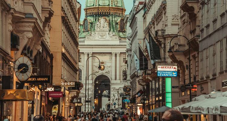 Bulliciosa calle peatonal comercial bordeada de boutiques que conduce hacia un edificio histórico con cúpula.
