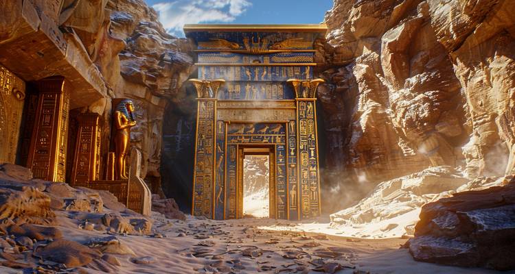 Puerta del templo de arenisca dramática adornada con tallados del antiguo Egipto dentro de un cañón rocoso con rayos de luz.