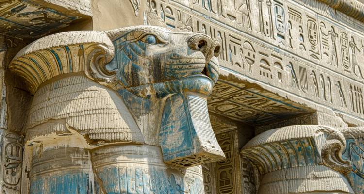 Detalle de una columna con cabeza de Hathor con pintura azul vívida y jeroglíficos en un templo egipcio.