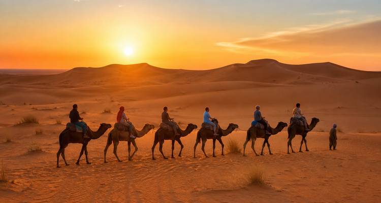 Caravane de chameaux en silhouette contre le soleil couchant traversant les dunes dorées infinies de l'Erg Chebbi.