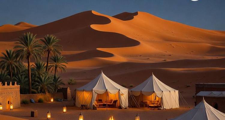 Les luxueuses tentes blanches brillent sous les imposantes dunes éclairées par les derniers rayons du jour.