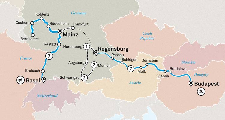 Mapa de ruta que muestra un itinerario de crucero fluvial por Hungría, Austria, Alemania, Francia y Suiza.