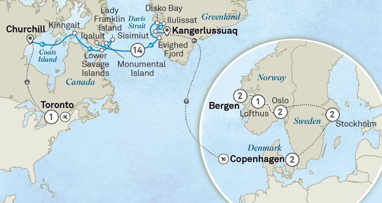 Illustrated itinerary map showing cruise route from Toronto to Greenland and Scandinavia.
