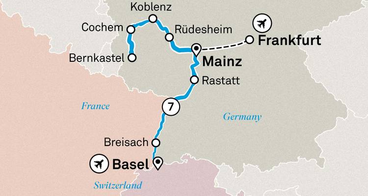 Mapa de ruta que muestra el crucero fluvial del Rin y el Mosela desde Basilea hasta Fráncfort.