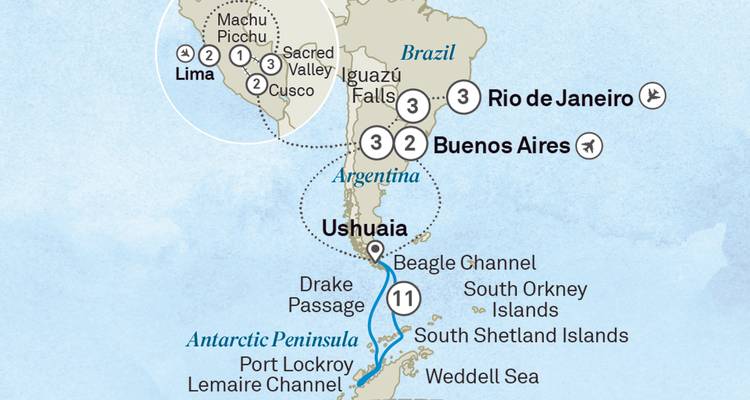 Travel itinerary map of South America highlighting Buenos Aires, Iguazu Falls, Cusco and Antarctic cruise route.