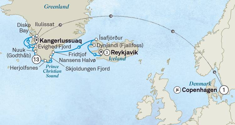 Reisroutekaart die de cruiseroute toont tussen Kopenhagen, Reykjavik en de Groenlandse fjorden.