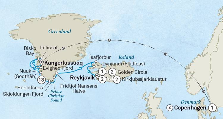 Reisekarte mit Kreuzfahrtrouten, die Kopenhagen, Island und Grönland über den Nordatlantik verbinden.