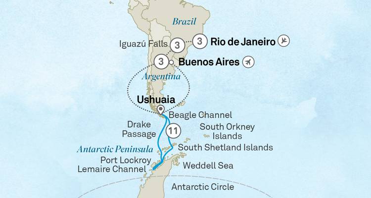 Carte d'itinéraire de croisière en Amérique du Sud et en Antarctique mettant en évidence Buenos Aires, Rio et Ushuaïa.