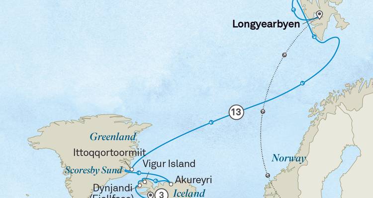 Carte d'itinéraire de croisière reliant l'Islande, le Groenland et le Svalbard dans l'Atlantique Nord