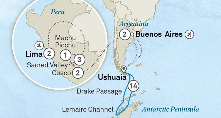 Carte mettant en évidence un itinéraire d'expédition combiné au Pérou et en Antarctique