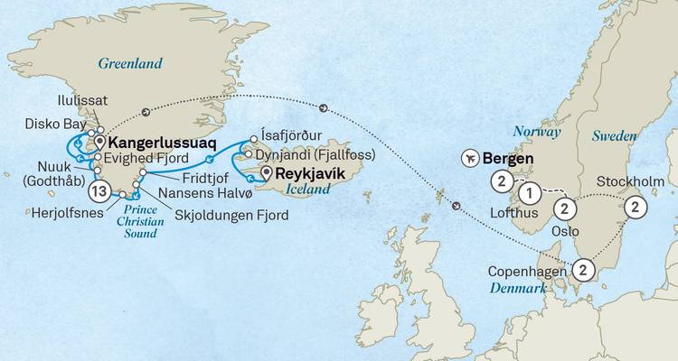 Route map depicting Greenland, Iceland and Norway cruise itinerary.