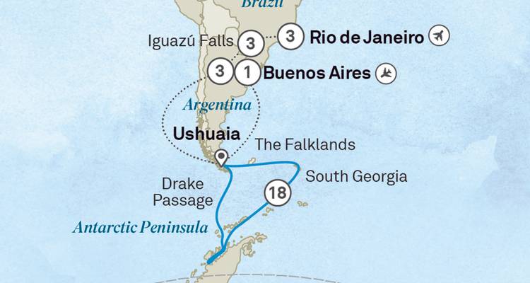 Reisekarte mit Highlights der Route Buenos Aires, Rio de Janeiro und Antarktische Halbinsel.