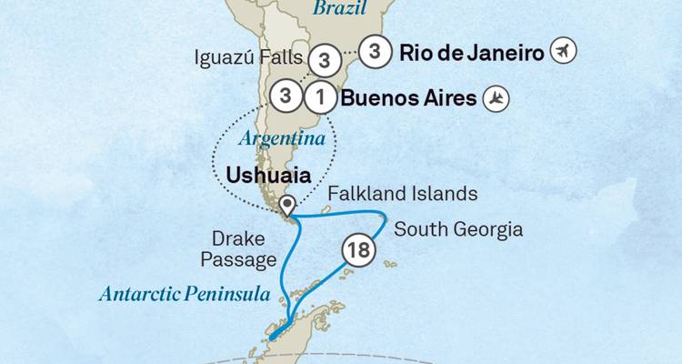 Expeditionskarte mit Rio de Janeiro, Buenos Aires, Ushuaia und der Antarktischen Halbinsel.
