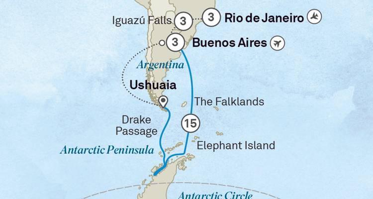 A route map tracing a journey from Buenos Aires through Ushuaia to Antarctica and back.