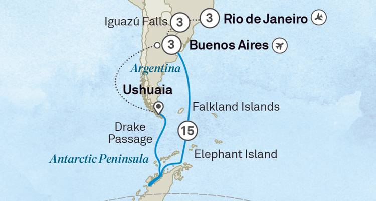 South America itinerary map linking Rio de Janeiro, Buenos Aires, Ushuaia, Falkland Islands and Antarctic Peninsula.