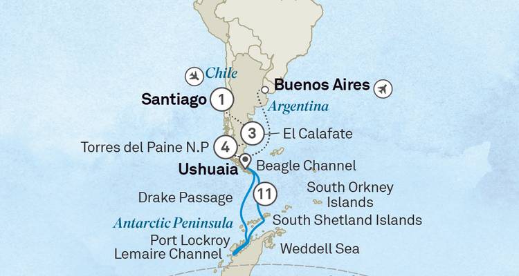 Südamerikanische Kreuzfahrtkarte, die Buenos Aires, Santiago, Ushuaia und die Antarktische Halbinsel verbindet.