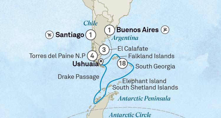 Carte de l'itinéraire du circuit mettant en évidence Buenos Aires, la Géorgie du Sud, Ushuaia et Torres del Paine.