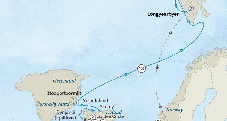 Routekaart die een cruisereis van Noorwegen langs IJsland naar Groenland volgt.