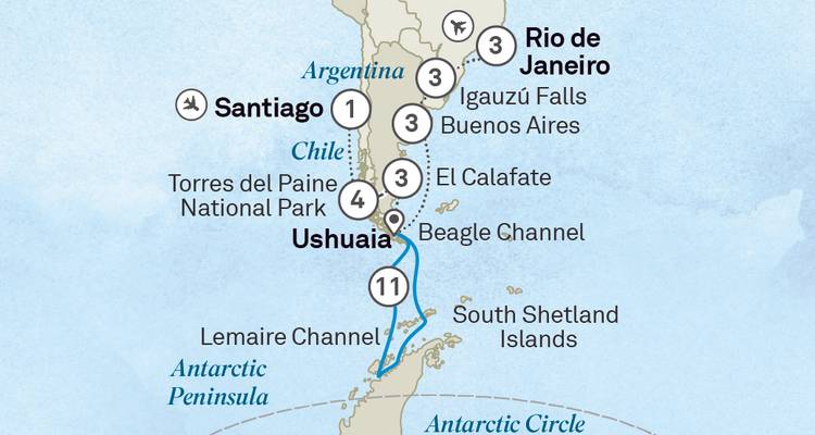 Carte d'itinéraire du circuit couvrant le Chili, l'Argentine, les chutes d'Iguazu et l'Antarctique
