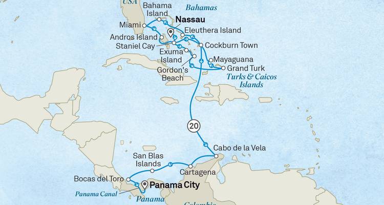 Carte traçant une croisière de Panama City à travers les Caraïbes jusqu'à Nassau