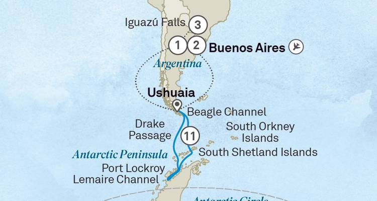 Une carte illustrant les itinéraires de voyage de Buenos Aires à Ushuaia et la Péninsule Antarctique.
