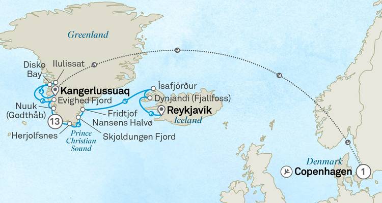 Illustrated route map showing an expedition from Copenhagen to Iceland and Greenland highlights.
