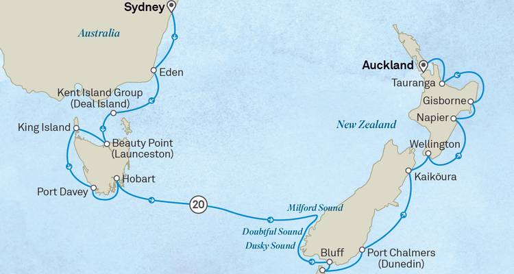 Carte de croisière reliant Sydney à Auckland avec plusieurs ports en Nouvelle-Zélande