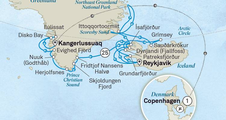 Detaillierte Kreuzfahrtkarte mit Reykjavik, Kangerlussuaq und Kopenhagen sowie mehreren Arktis-Stopps.