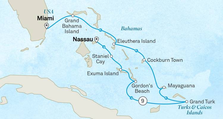 Kreuzfahrtkarte Bahamas und Turks & Caicos von Miami über Nassau und Exuma-Inseln.