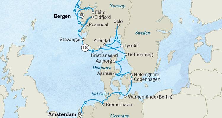 Nordeuropa-Kreuzfahrtkarte mit Verbindungen zwischen Amsterdam, Kopenhagen, Oslo und den norwegischen Fjorden.