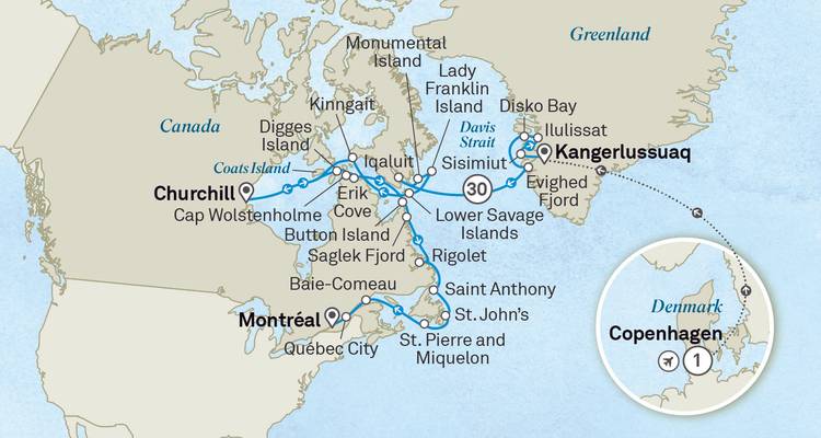 Kaart van arctische expeditie met routes door Canada en Groenland inclusief Kangerlussuaq en Churchill.